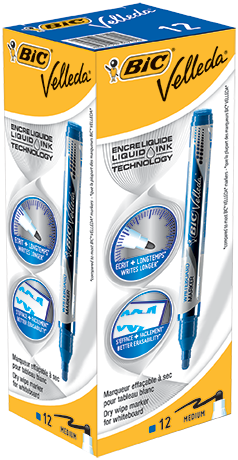 BIC Velleda Liquid Ink Feutres Premium pour Tableau Blanc Effaçables à Sec  Avec Pointe Conique Medium - Encre liquide Bleue, Boîte de 12